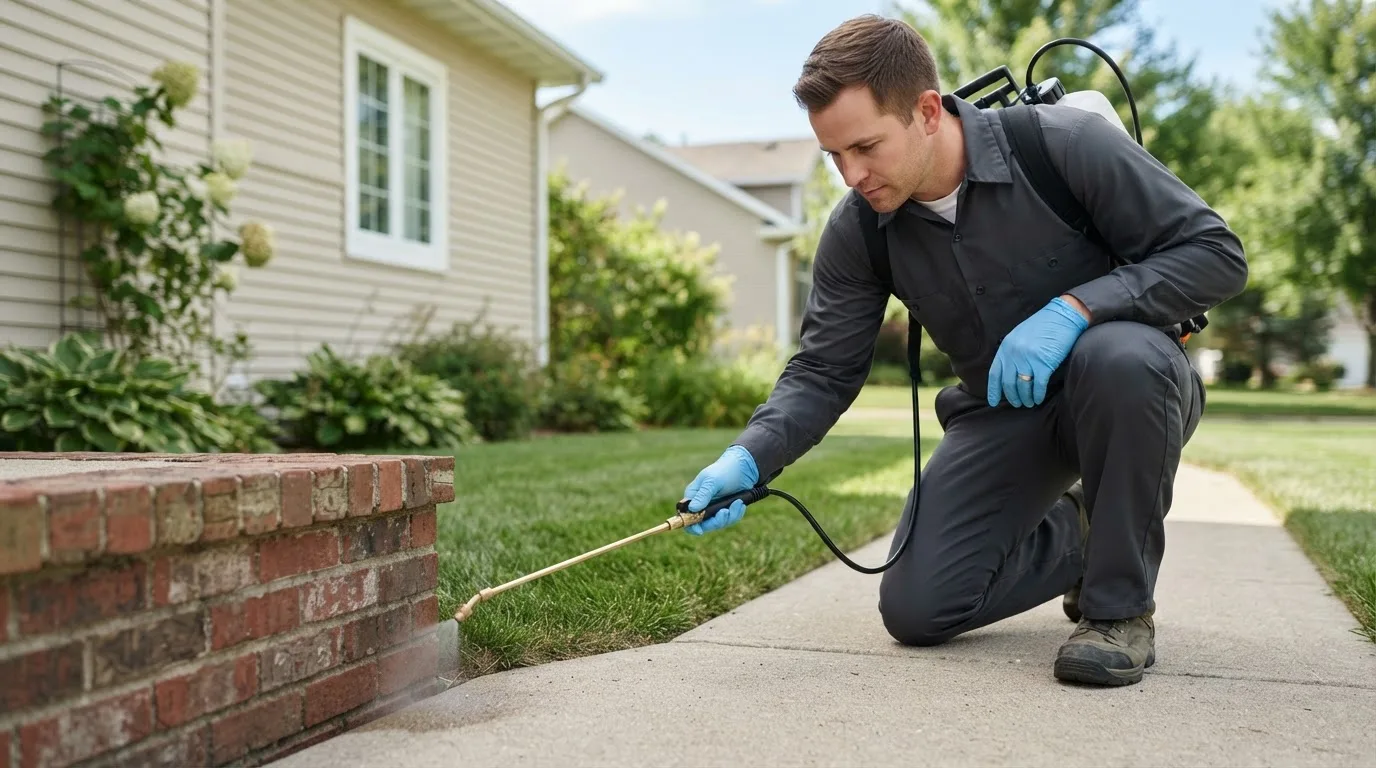 Pest control technician treating a home near Pacific Junction, IA